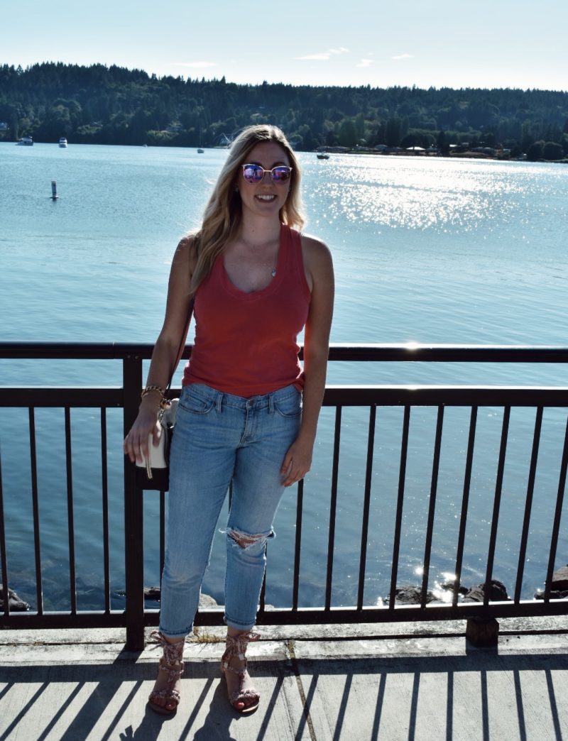 Casual summer outfit, boyfriend jeans and James Perse tank top with wrap sandals