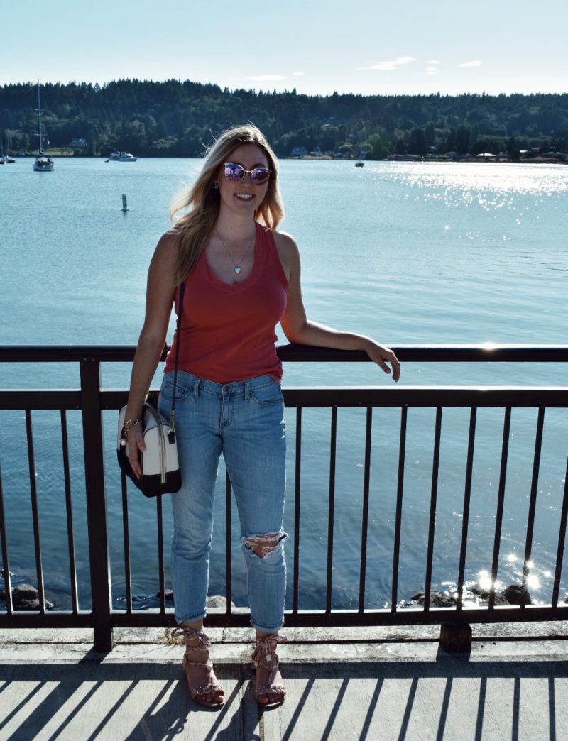 Casual summer outfit, boyfriend jeans and James Perse tank top with wrap sandals