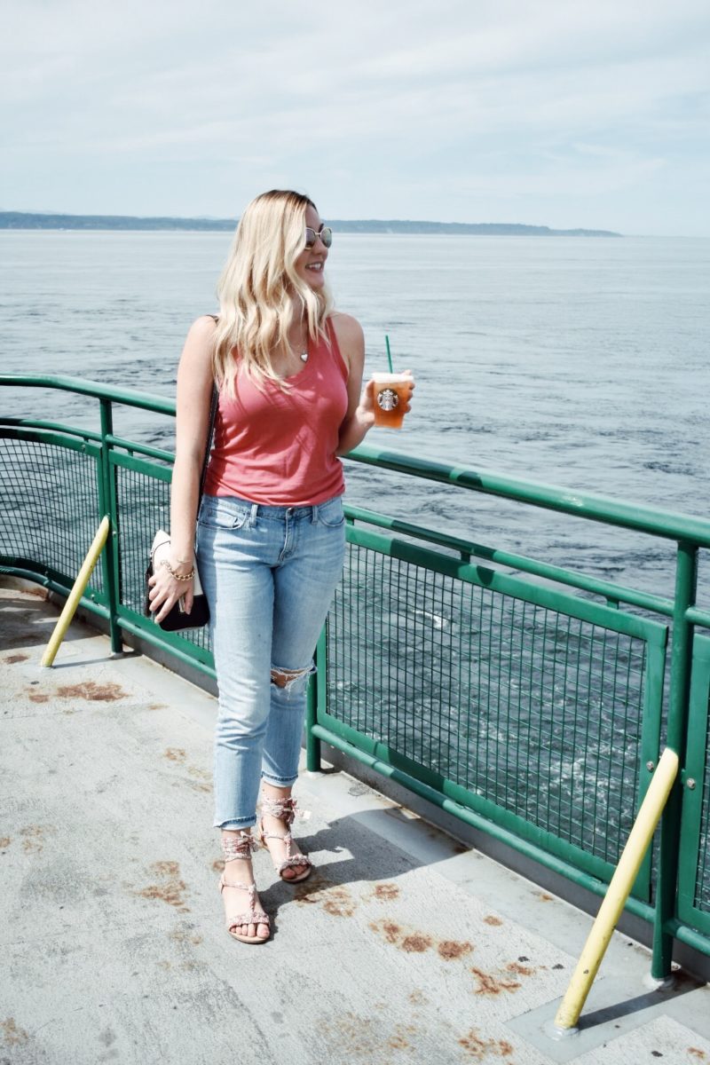 Casual summer outfit, boyfriend jeans and James Perse tank top with wrap sandals