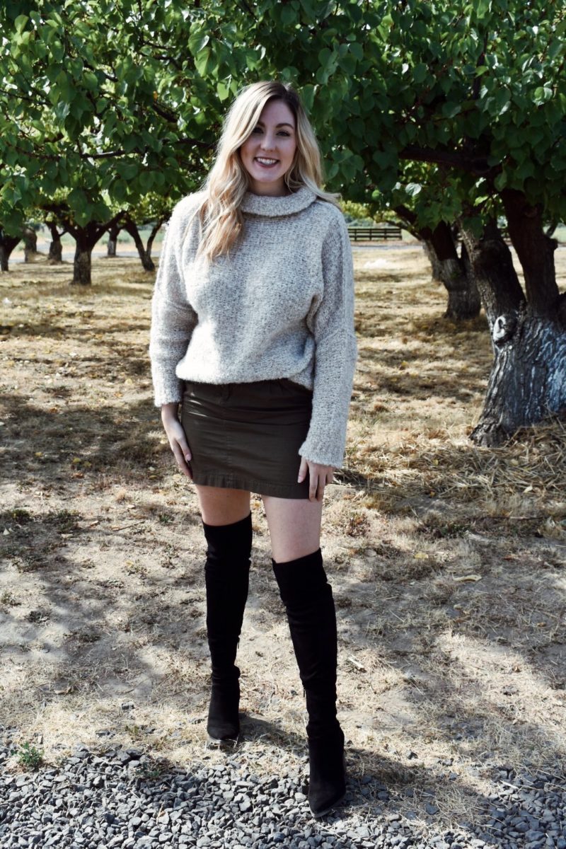 Fall outfit oversized free people sweater with over the knee boots and khaki skirt
