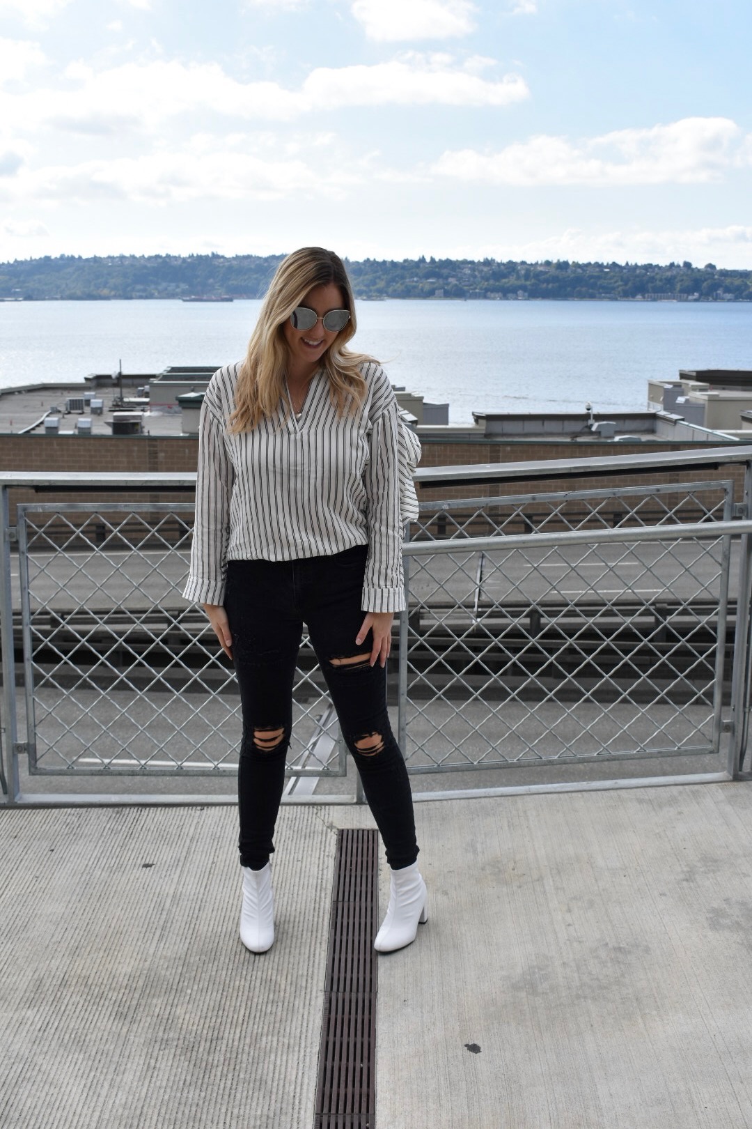Cute fall outfit, white boot trend