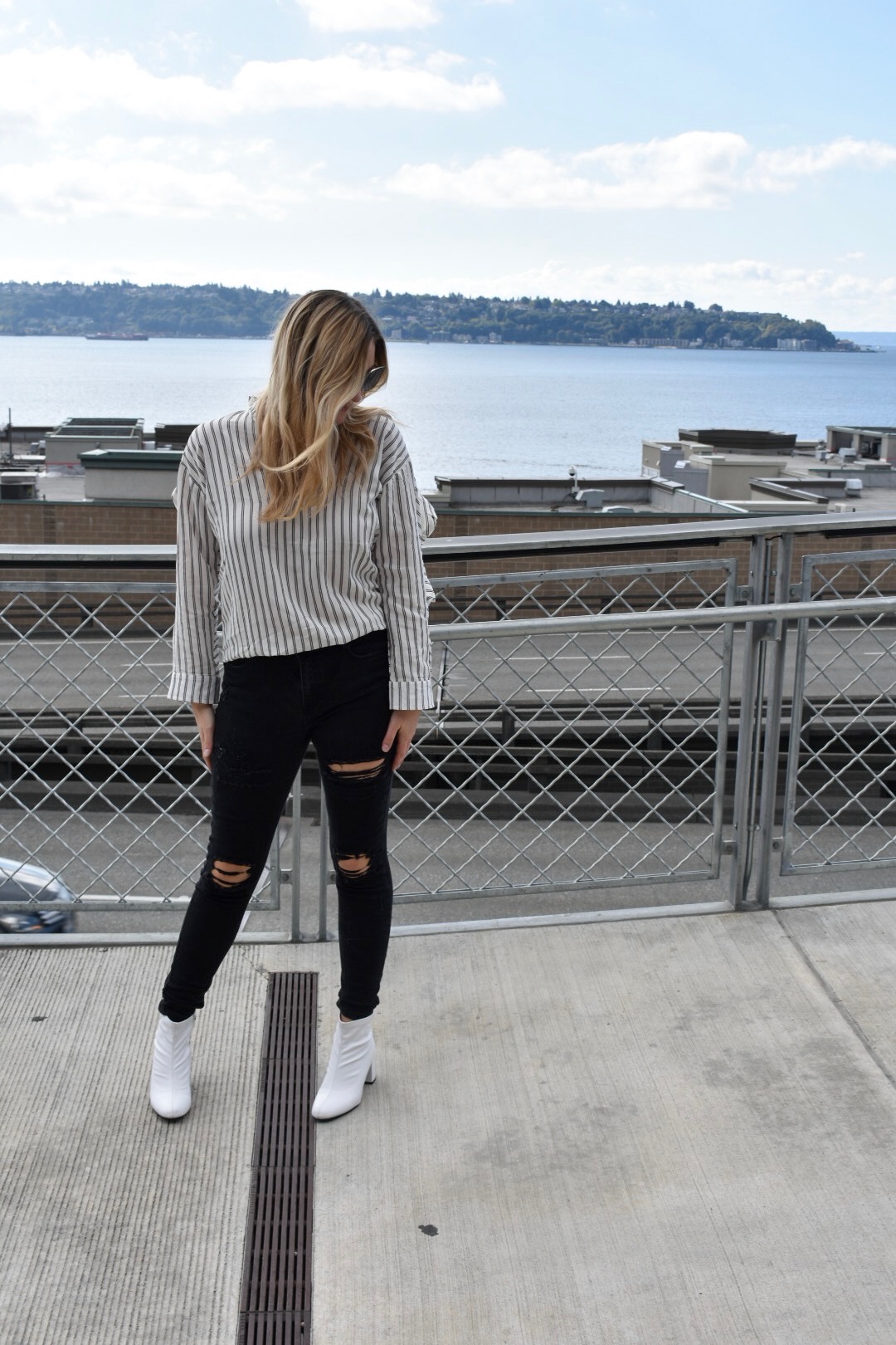 Cute fall outfit, white boot trend