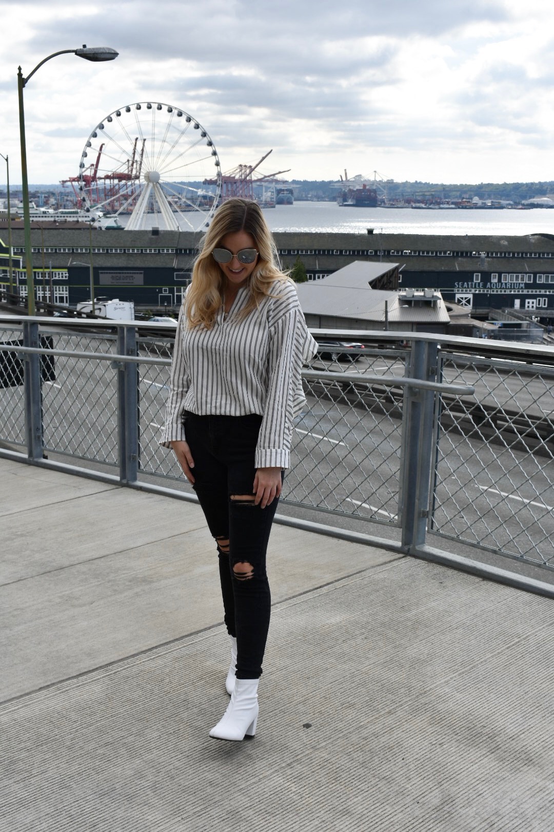 Cute fall outfit, white boot trend