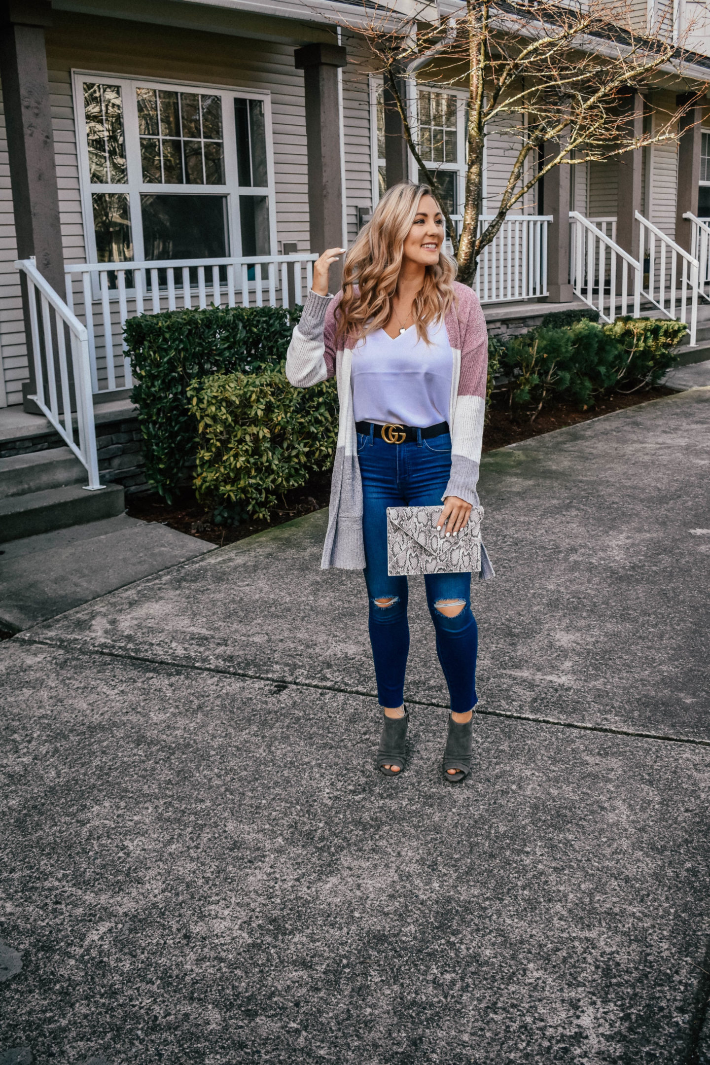 Color Blocked Cardigan + Snakeskin Clutch