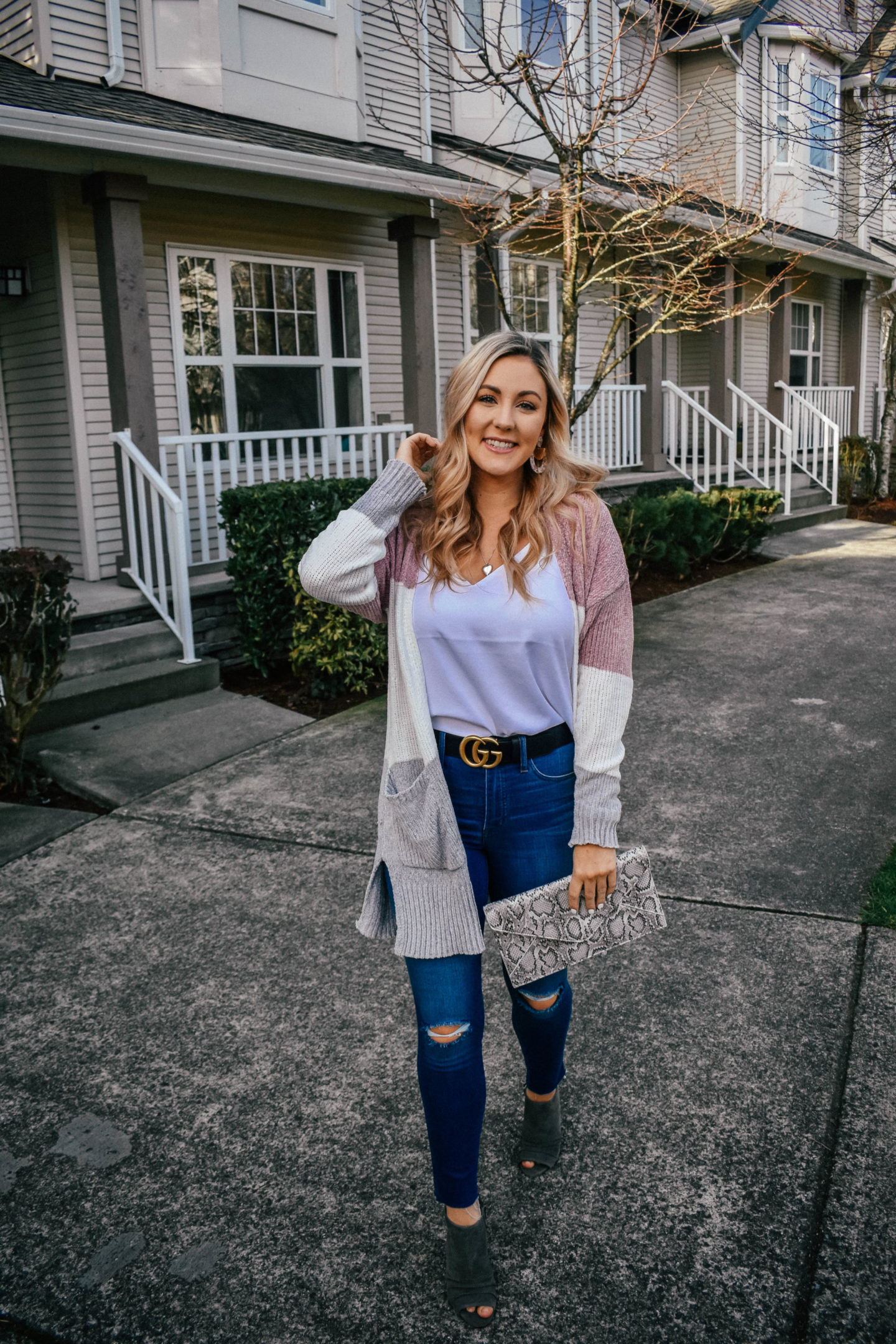 Color Blocked Cardigan + Snakeskin Clutch