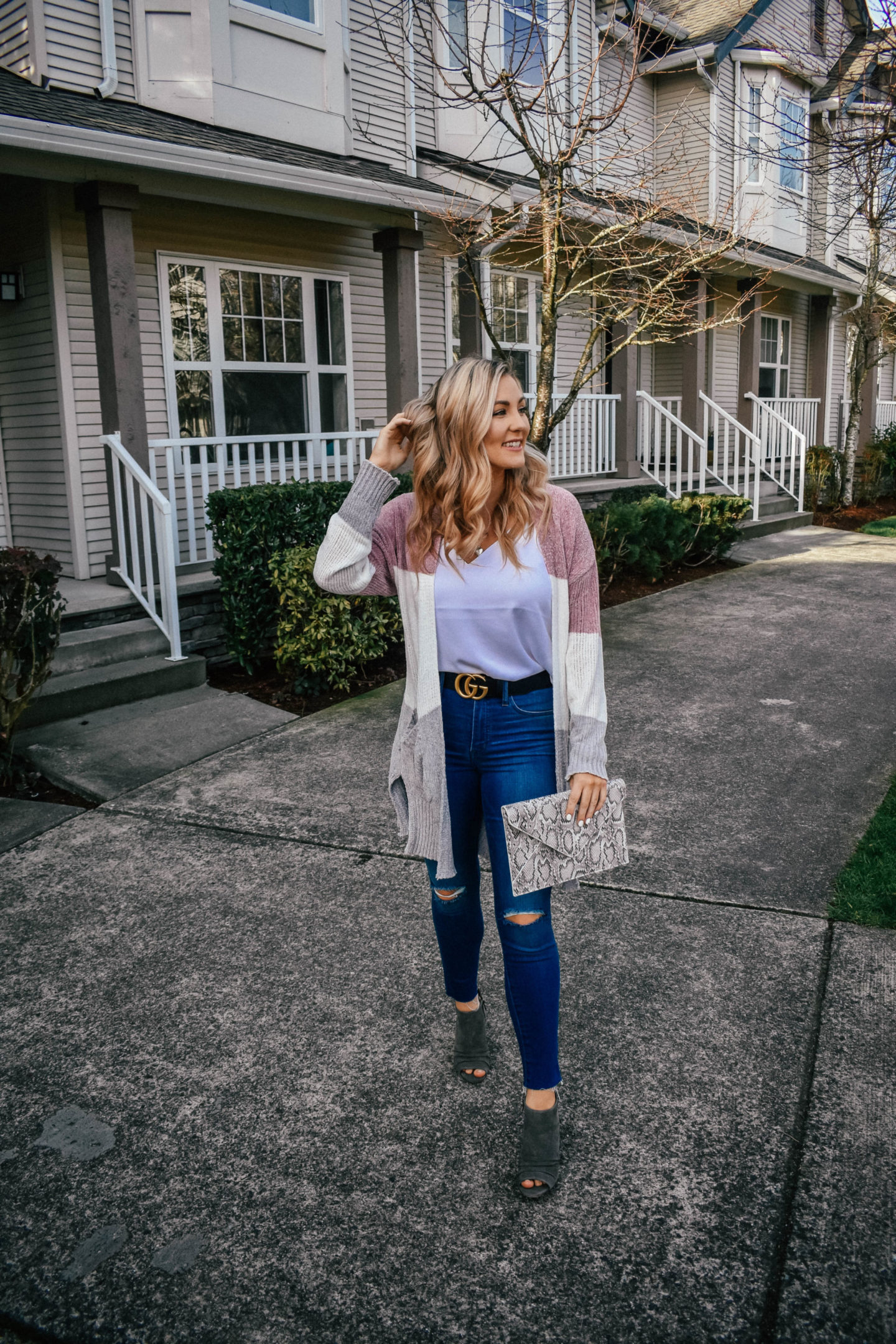 Color Blocked Cardigan + Snakeskin Clutch