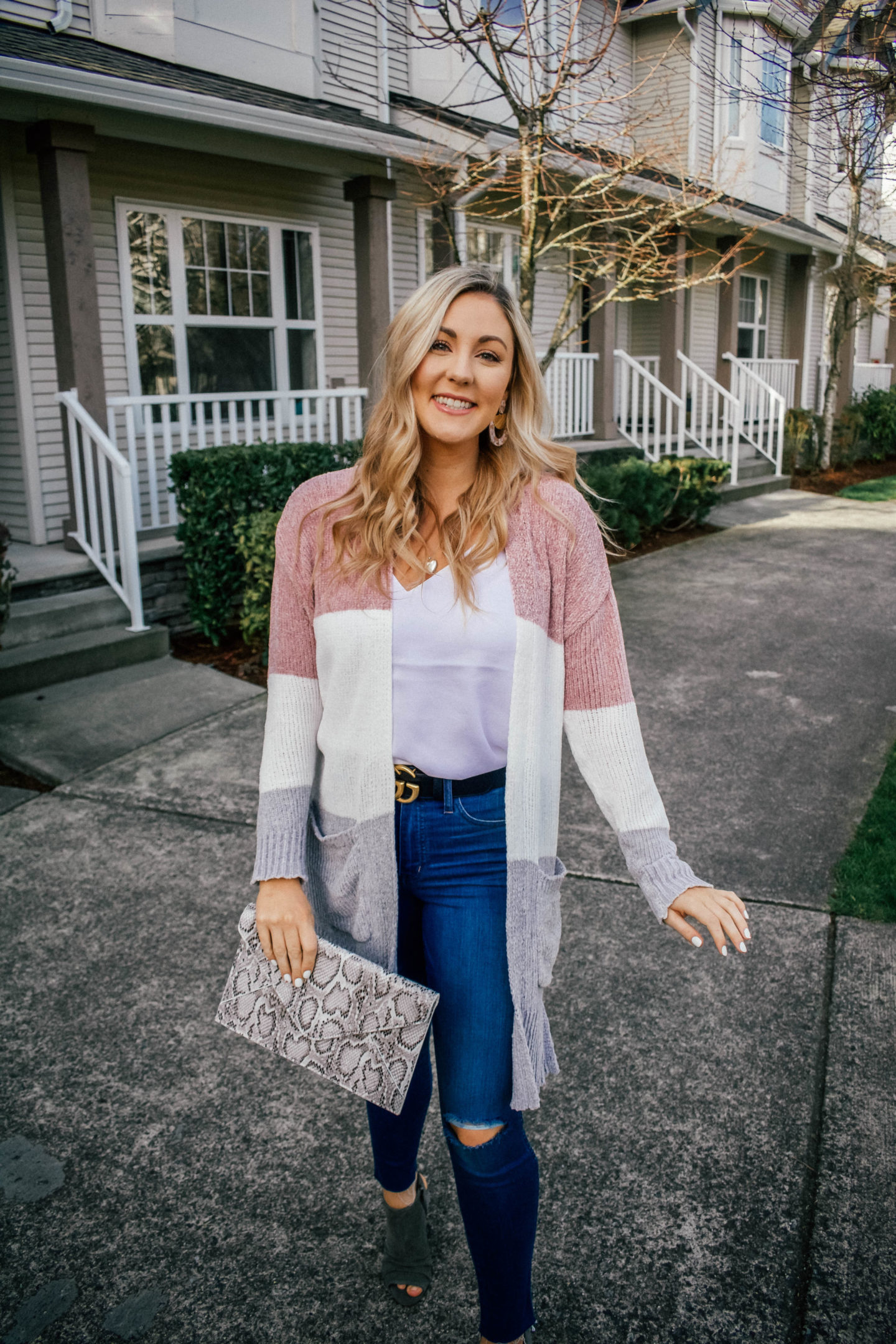 Color Blocked Cardigan + Snakeskin Clutch - Amy Bjorneby