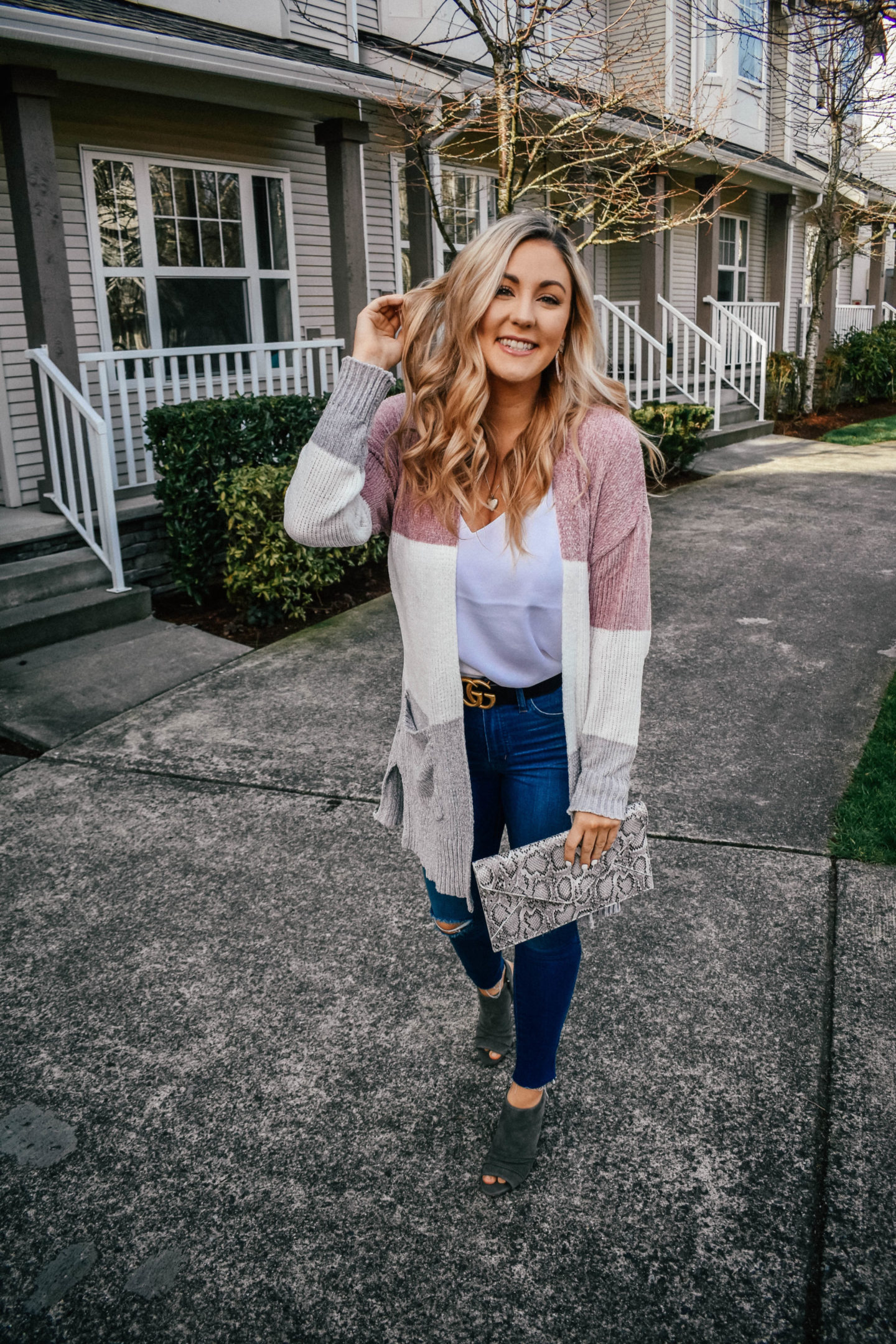 Color Blocked Cardigan + Snakeskin Clutch