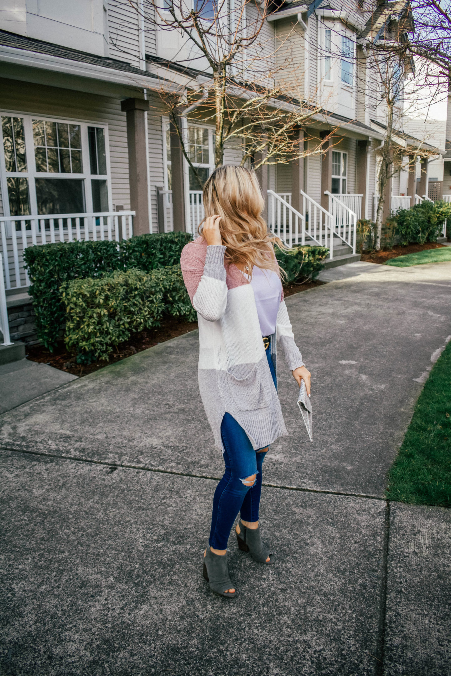 Color Blocked Cardigan + Snakeskin Clutch